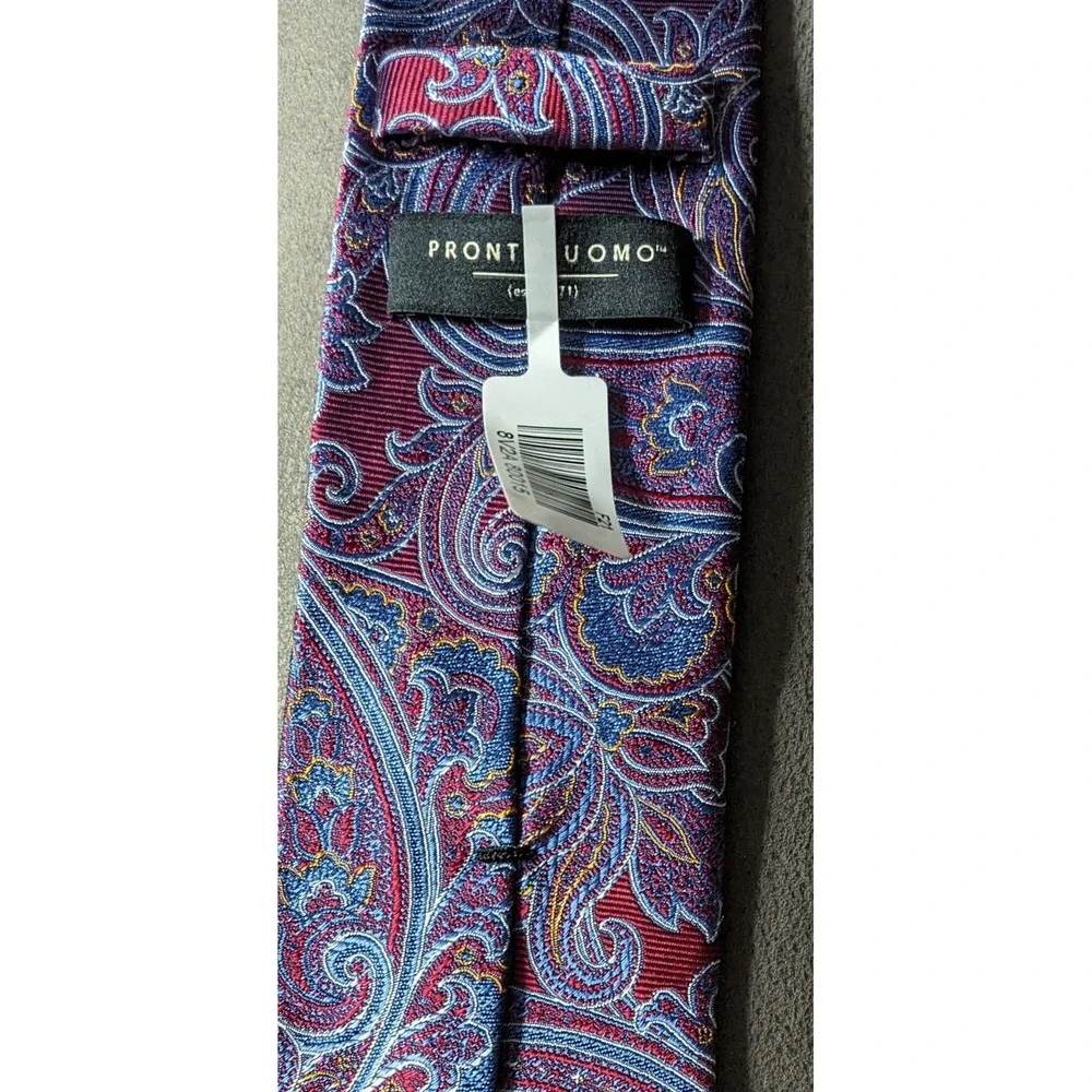 New Mens Silk Tie Pronto Uomo Paisley Blue Burgundy Wine 59